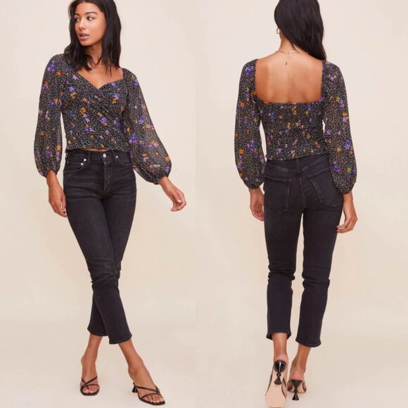 ASTR Shirred Puff Sleeve Sweetheart Neck Floral Smocked Top Size Medium Boho M - Picture 16 of 16